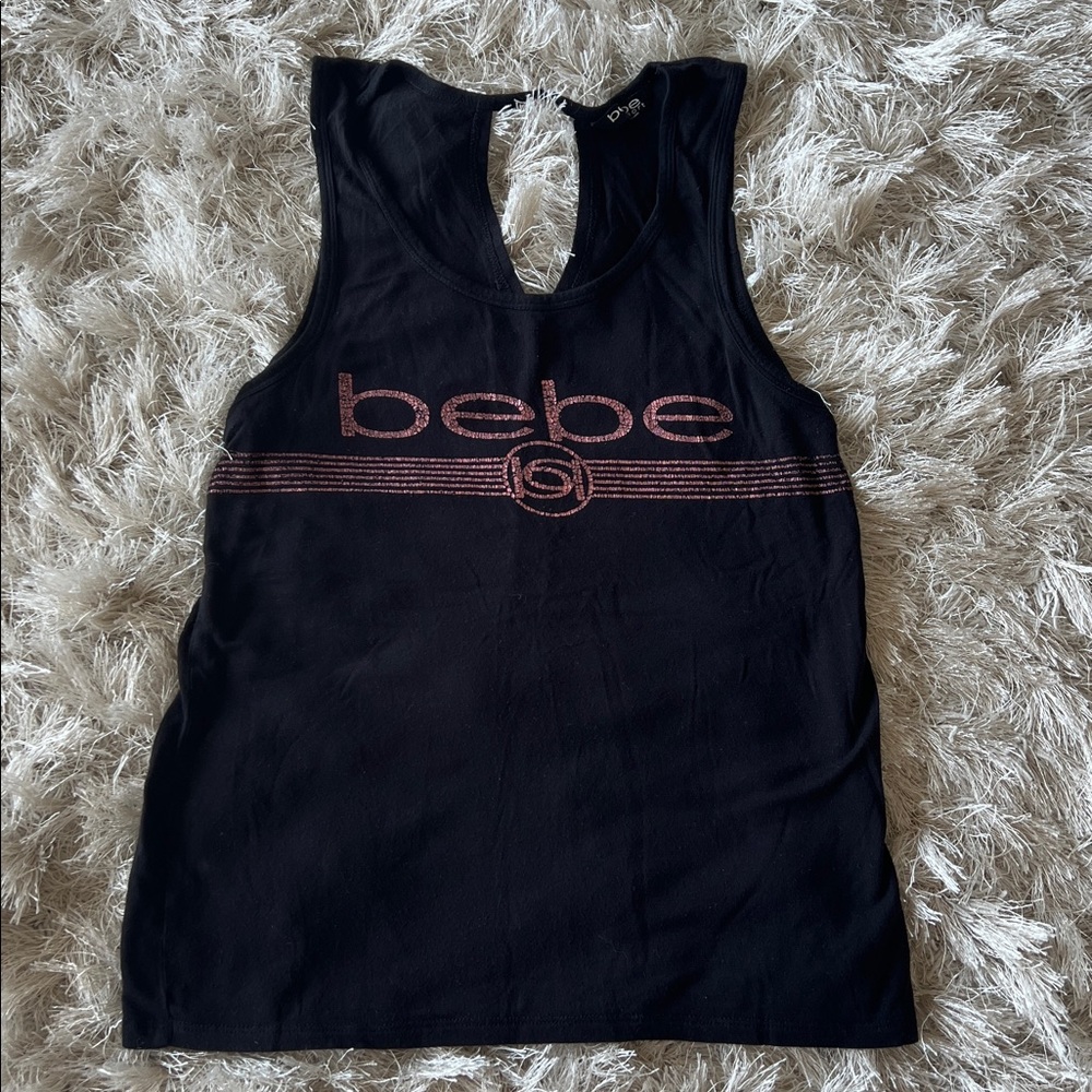 bebe Black Muscle Tee with Pink Logo
